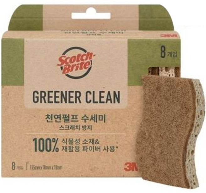스카치브라이트 그리너클린 펄프 스크래치 방지 수세미, 8개입, 1개