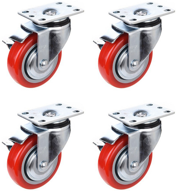 티렉스캐스터 회전 브레이크 캐스터 바퀴 130 x 64 x 95 mm 우레탄 RED P504S-2B, 4개