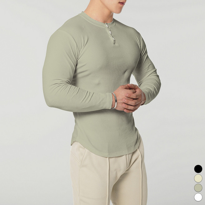 맨즈건 남성용 헬시스 머슬핏 골지 단추 긴팔 티셔츠 00091