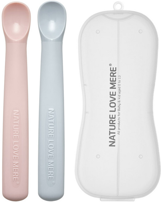 네이쳐러브메레 야미타임 실리콘 스푼 1단계 2P + 케이스, 소프트핑크 + 소프트그레이, 1세트