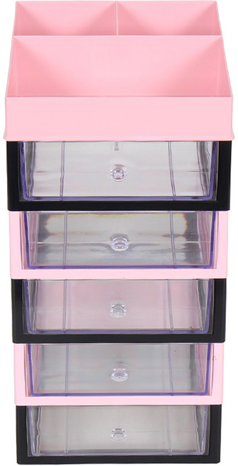 슬림미니 화장품 소품 정리함 대서랍 6단, 블랙 + 핑크, 1개