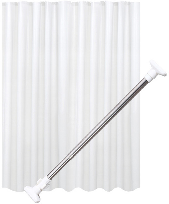 제이라이프 심플 솔리드 욕실 샤워커튼 + 봉 + 고리 세트, 화이트 + 실버, 1세트