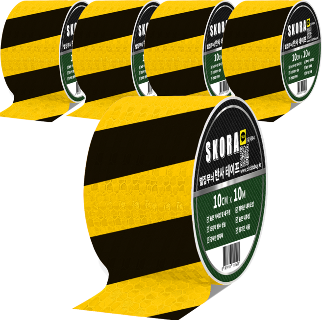 스코라 안전 안내 표시 고휘도 빛 반사 테이프, 5개, 옐로우블랙