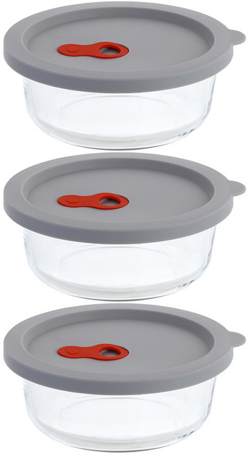 플라라 원형 실리콘 오븐글라스 + 뚜껑 세트 640ml, 3세트, 유리용기 + 실리콘 뚜껑