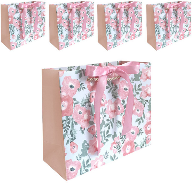 리드홈 리본매듭 플라워 선물포장 쇼핑백 5p, 핑크, 5개
