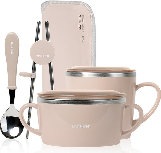 마더케이 스테인리스 볼 + 컵 + 교정 수저 세트, 베이지, 볼 + 컵 + 숫가락 + 교정젓가락