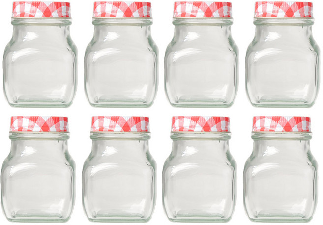 경성 사각 빨간 체크무늬 유리병, 240ml, 8개