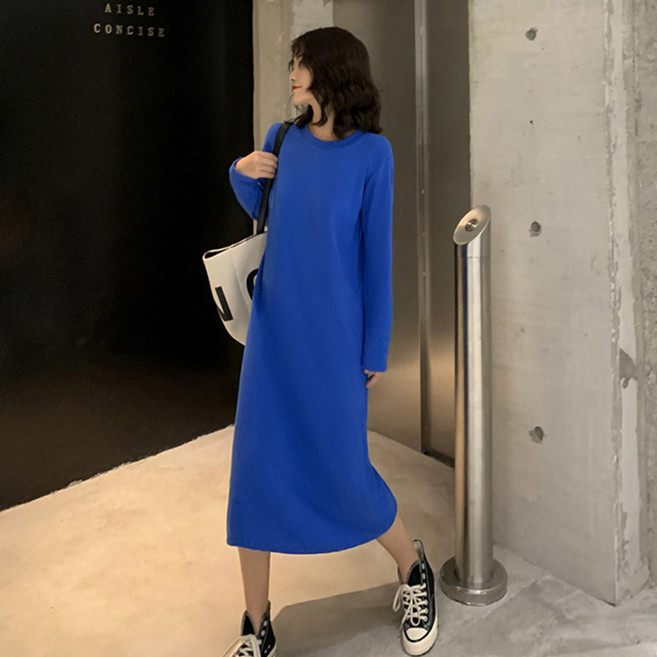 Elsso 素色長袖T恤連身裙, 藍色