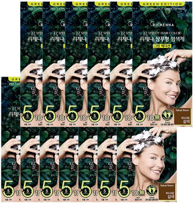 리체나 그린 에디션 새치전용 NEW 샴푸형 염색제 세트, 부드러운갈색, 13개