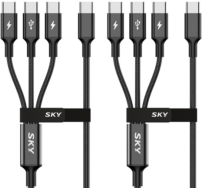 SKY 비트 60W 3in1 C to C타입 고강도 패브릭 멀티 고속 충전 메탈 케이블, 200cm, 블랙, 2개