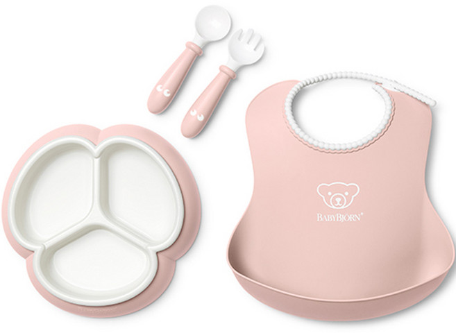 베이비뵨 베이비 밀타임 식기 세트, 파우더 핑크, 베이비빕 + 3칸 분리 플레이트 + 스푼 + 포크, 1세트