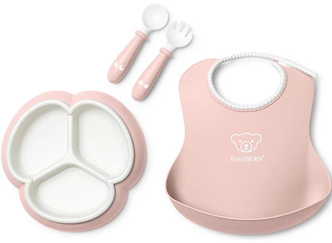 베이비뵨 베이비 밀타임 식기 세트, 파우더 핑크, 베이비빕 + 3칸 분리 플레이트 + 스푼 + 포크, 1세트 - 쿠팡