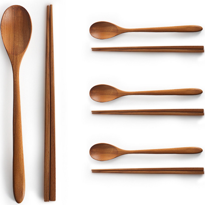 나무공방 티크 통원목 건강 4인 수저세트, 우드, 숟가락 4p + 젓가락 4p