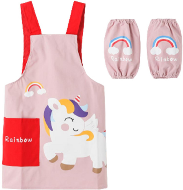 유아용 레인보우유니콘 미술가운 앞치마 세트, 핑크