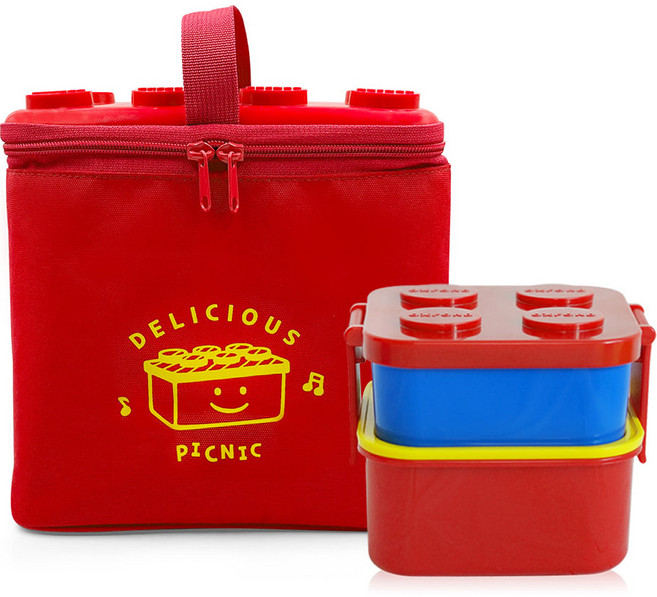 옥스포드 아동용 2단 런치박스 + 블럭 보온 보냉백 세트, 레드, 1세트