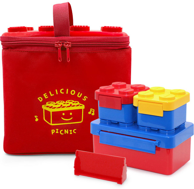 옥스포드 아동용 런치 박스 + 블럭 보온 보냉백 세트, 레드, 1세트