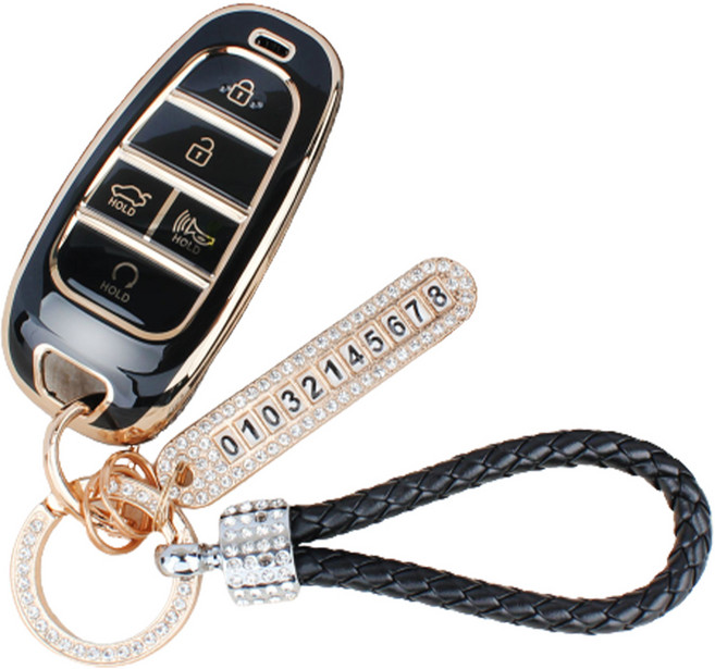 GMZ MOTORS 適用於現代5鍵 The New Grandeur Nexo Staria The New Santa Fe TM NX4 Tucson Sonata DN8 高級TPU鑰匙圈 鑰匙殼 電話號碼掛繩 繩索掛繩 禮盒組, AH-06, 現代黑