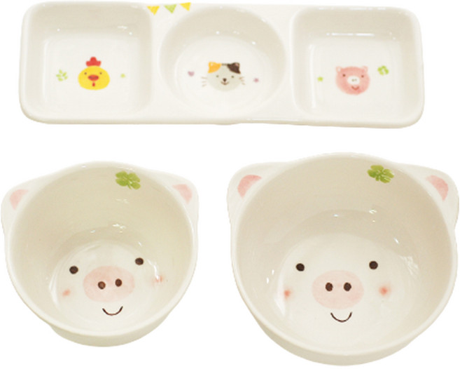 어린이 모이내츄럴 동물 식기 3종 세트, 돼지, 밥공기 + 국그릇 + 세칸접시, 1세트