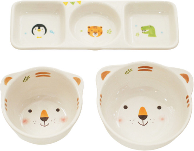 모이내츄럴 어린이식기 3종 세트, 호랑이, 밥공기 + 국그릇 + 세칸접시, 1세트