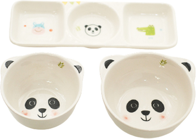 어린이 모이내츄럴 동물 식기 3종 세트, 팬더, 밥공기 + 국그릇 + 세칸접시, 1세트