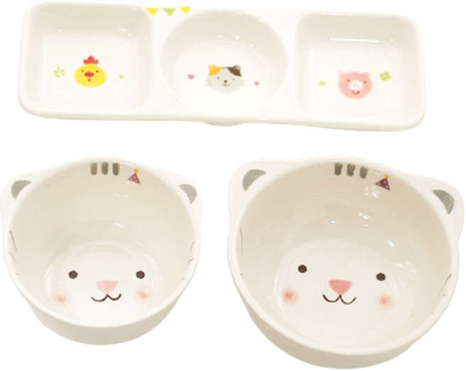 어린이 모이내츄럴 동물 식기 3종 세트, 고양이, 밥공기 + 국그릇 + 세칸접시, 1세트