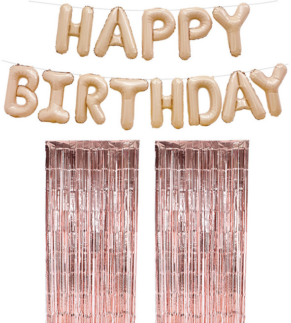 조이파티 은박풍선 HAPPY BIRTHDAY 라떼 + 파티은박커튼 로즈골드 2p 세트, 혼합색상, 1세트