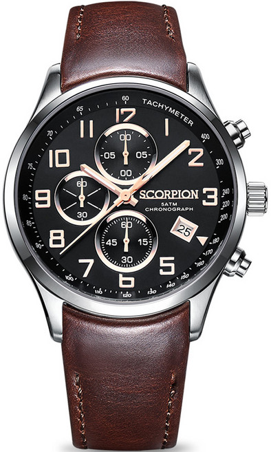 SCORPION WATCHES 男士計時碼錶蝴蝶扣皮革手錶 43mm SP3348L