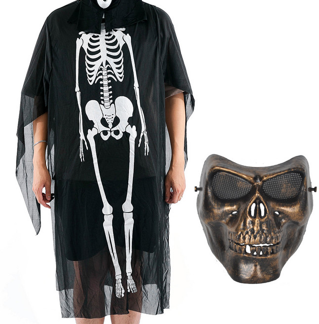 파티쇼 해골망토의상 + 입체 해골가면 세트, 혼합색상(의상), 골드(가면), 1세트