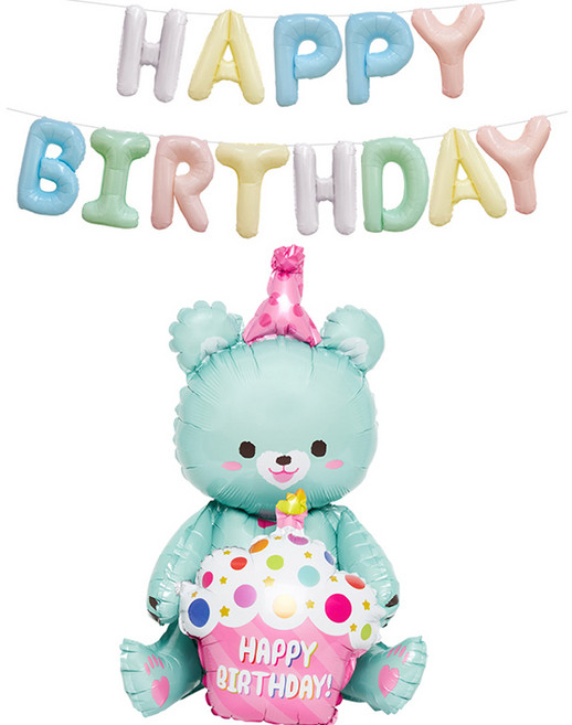 조이파티 풍선 HAPPY BIRTHDAY + 스탠딩에어벌룬 생일곰 세트, 파스텔, 민트, 1세트