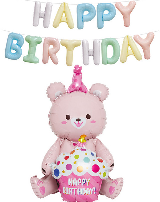 조이파티 풍선 HAPPY BIRTHDAY + 스탠딩에어벌룬 생일곰 세트, 파스텔, 핑크, 1세트