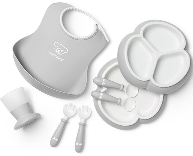 베이비뵨 유아용 디너웨어 세트, 그레이, 빕 + 플레이트 2p + 스푼 2p + 포크 2p + 컵, 1세트