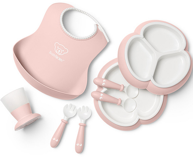 베이비뵨 유아용 디너웨어 세트, 파우더 핑크, 빕 + 플레이트 2p + 스푼 2p + 포크 2p + 컵, 1개