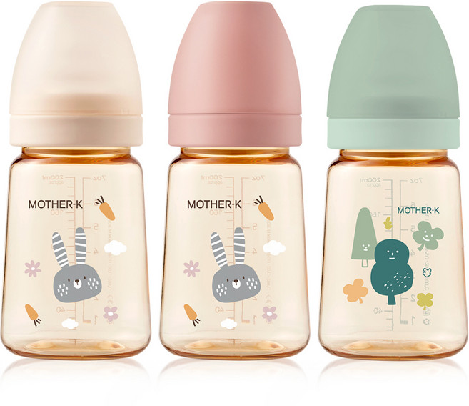 마더케이 베이직 PPSU 젖병 트리플 세트(무꼭지), 토끼크림 + 토끼블라썸 + 포레스트민트, 180ml, 1세트