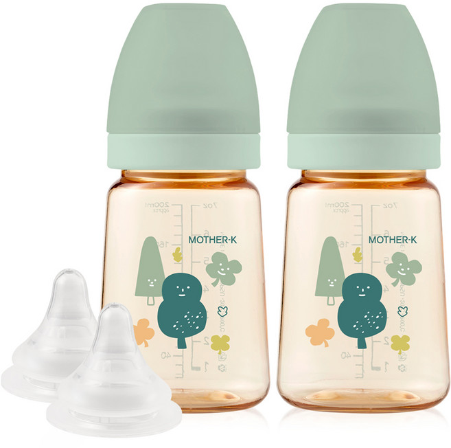 마더케이 베이직 PPSU 포레스트 무꼭지 젖병 + 1단계젖꼭지, 민트, 2개, 180ml