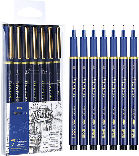 델리 피놀로 피그먼트 라이너 0.05mm + 0.1mm + 0.2mm + 0.3mm + 0.4mm + 0.5mm + 0.6mm 세트 EQ909, 블랙, 1세트