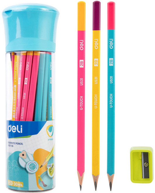 델리 트리플러스 그립 연필 2B 30자루+연필깎이+원통 펜슬케이스, 블루 + 핑크 + 옐로우, 1세트