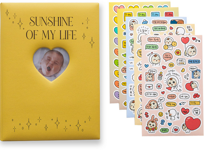 퍼니메이드 가죽 접착식 커스텀 포토인생 네컷 초음파 앨범 + 주수 스티커 5종 세트, 버터 옐로우, 26매