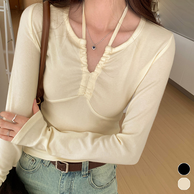 비비에모 여성용 슬림핏 홀터 브이넥 긴팔 니트 티셔츠 04855