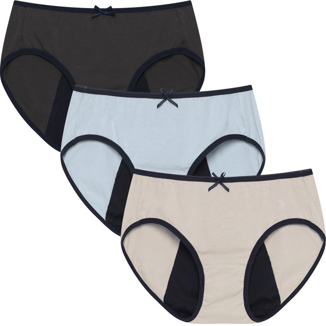 FLORIN 女性用棉質彈性纖維生理褲3件組 CWP-006, 米色, 藍色, 炭灰色