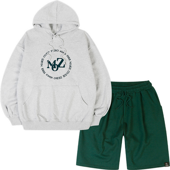 모즈모즈 써클 샤인 로고 오버핏 후드티 + 트레이닝 반바지 세트