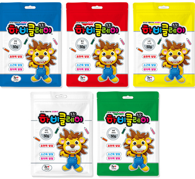 토단교재 하비 클레이 5종 세트, 하양 + 노랑 + 파랑 + 빨강 + 초록, 50g, 1세트