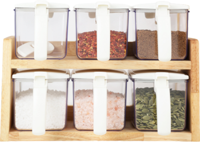 마마스통 밀폐 양념통 원목 거치대 세트, 1세트, 양념통 6p + 거치대 + 스푼 6p + 스티커