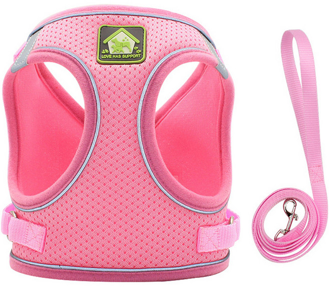 모노플리 강아지 산책 메쉬 하네스 + 리드줄 세트, 핑크, 1세트