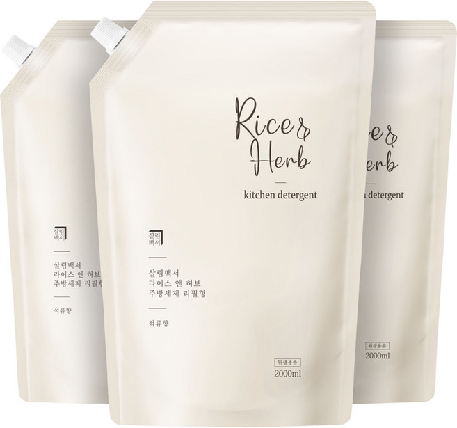 살림백서 라이스 앤 허브 주방세제 리필형 석류, 2L, 3개
