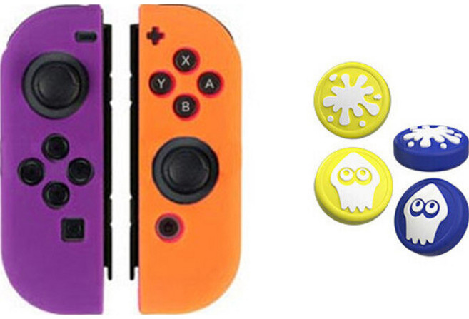 이이네 닌텐도 스위치 조이콘 아날로그 스플래툰 테마 스틱 커버 4종 + 조이콘 실리콘 커버 세트, 퍼플 + 오렌지, 1세트