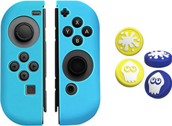 이이네 닌텐도 스위치 조이콘 아날로그 스플래툰 테마 스틱 커버 4종 + 조이콘 실리콘 커버 세트, 블루, 1세트