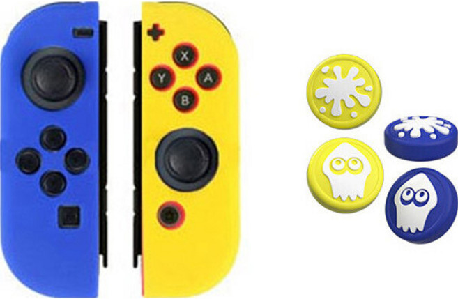 이이네 닌텐도 스위치 조이콘 아날로그 스플래툰 테마 스틱 커버 4종 + 조이콘 실리콘 커버 세트, 블루 + 옐로우, 1세트