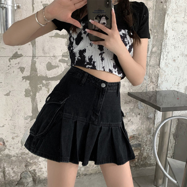 메이첼 하이웨스트 데님 플리츠 미니 스커트 03739