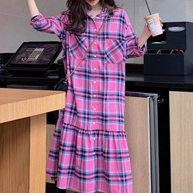 메이첼 카라넥 복고풍 체크 롱 셔츠 원피스 03740 빅사이즈 포함