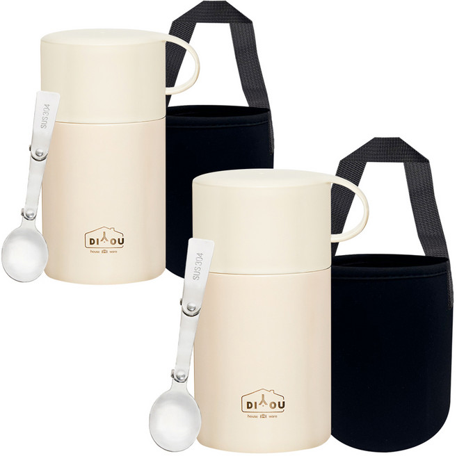 DIYOU 스텐 보온 도시락 죽통 600ml 2p + 스텐스윙 스푼 2p + 전용 파우치 2p 세트, 아이보리, 아이보리, 1세트